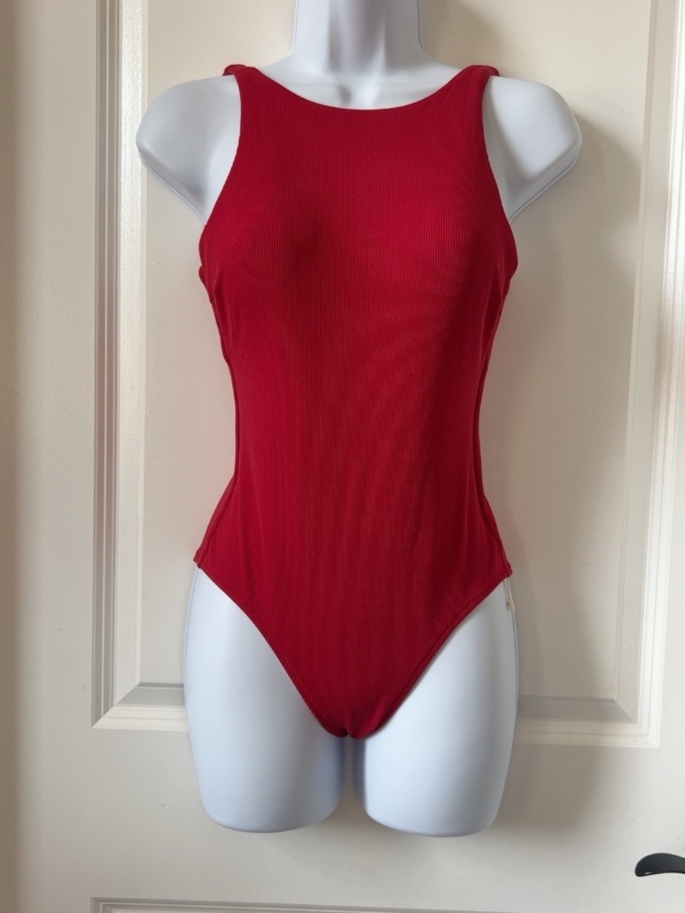 Oysho Red Ribbed Plunge Back Bodysuit Size Small NWOT